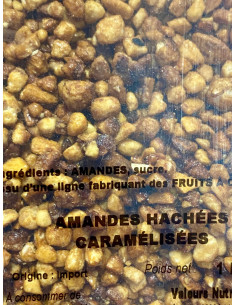 Amande hachée caramélisée 1KG – topping croquant et gourmand pour glaces, crêpes, gaufres et desserts professionnels.