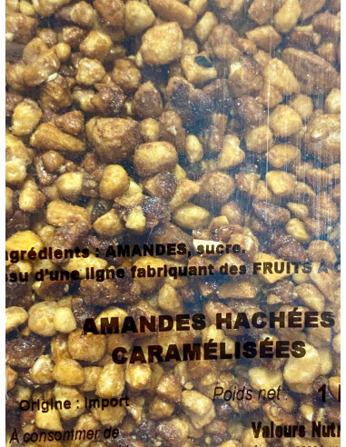Amande hachée caramélisée 1KG – topping croquant et gourmand pour glaces, crêpes, gaufres et desserts professionnels.