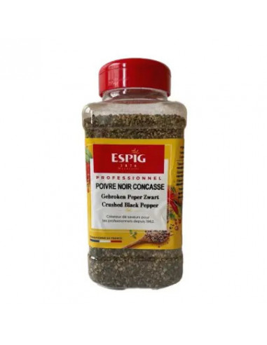 Poivre noir concassé ESPIG pot 460g épice professionnelle pour burgers, viandes grillées et sauces en restauration rapide.