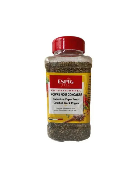Poivre noir concassé ESPIG pot 460g épice professionnelle pour burgers, viandes grillées et sauces en restauration rapide.