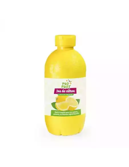 Jus de citron concentré 280ml pour boissons, salades, crêpes et préparations culinaires professionnelles.