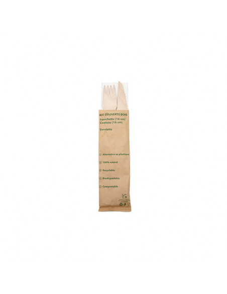 Ensemble couverts bois 3 en 1 avec fourchette, couteau et serviette – kit écologique pour vente à emporter snack et crêperie.