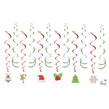 Spirales métallisées de Noël à suspendre – lot de 12 décorations festives brillantes pour restaurant, coffee shop et crêperie.